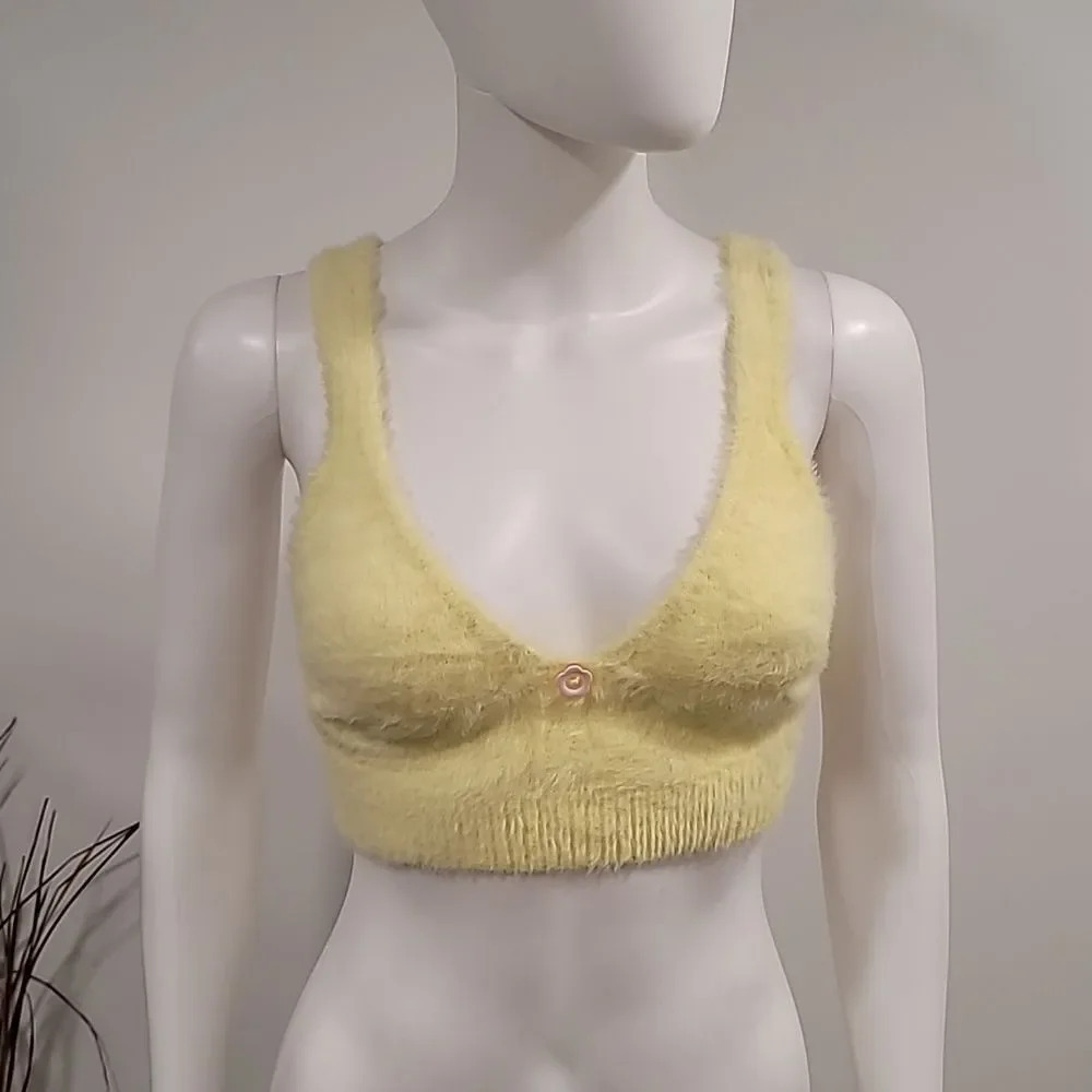 For Love And Lemons Devon Fuzzy Sleeveless Crop Top S Yellow NWT Mohair - Picture 4 of 11